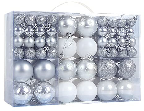 DIYASY Christmas Baubles Set, 100 Pieces Silver and White Christmas Balls, Decorative Hanging Ornaments - Tree Pendants 30mm/40mm/60mm