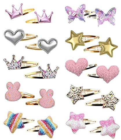 MUFEKUM 10 Pairs Girls Hair Clips, Cute Hair Clips Metal Snap Barrettes include Star Butterfly Crown Heart Rabbit Shaped Hairpins, Sparkly Hair Accessories for Girls Kids