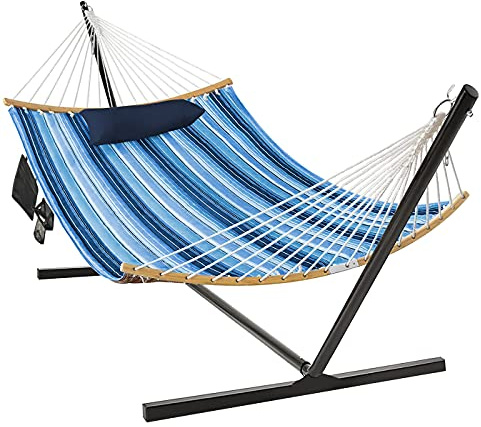 GYMAX Amaca Singola con Supporto in Metallo, Portata 150kg, Lettino Sospeso con Cuscino, Tasca Portaoggetti e Portabicchieri, Amache Giardino Spiaggia Campeggio Balcone Terrazzo, Portatile