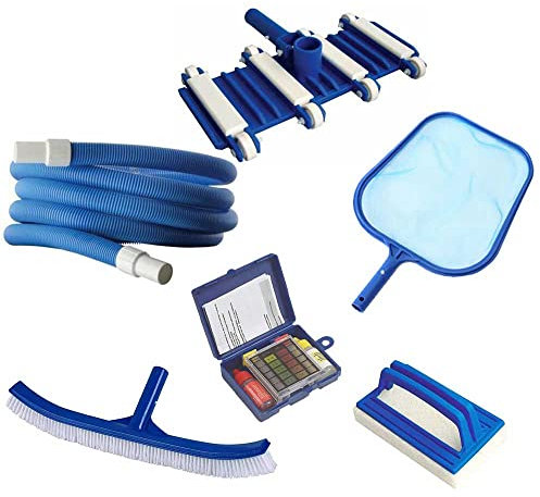 Opengardenweb Set Accessori per Pulizia e Manutenzione Piscina - 6 Pezzi - con Tubo, Spazzola, retino, Spugna e Test Kit PH e Cloro - Clean Pool (Set 6 Accessori)