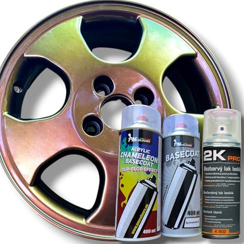 PMcolours Flip Flop Lack mit Multi Color OLDTIME (bronze-grün) Chamäleon-Effekt Sprühset, (1x Flip Flop Sprühfarbe + 1x Basisspray Schwarz + 1x 2K-Klarlack), 3x Spray, 1200ml