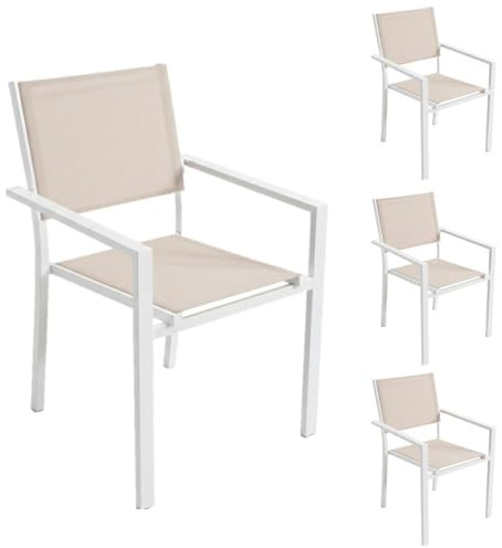 LOLAhome Set de 4 Sillas Thais de Aluminio Blanco y Textileno Beige, Elegantes, Apilables, Ligeras y Resistentes, Tratamiento anticorrosión para Exteriores, de 56x56x86 cm