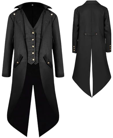 YQVGFBY Men's Gothic Steampunk Tailcoat Men,Medieval Victorian Vintage Jacket Uniform Long Tuxedo,Renaissance Pirate Vampire Party Cosplay Costumes for Adults Men (Black, XXL)