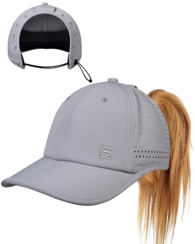 GADIEMKENSD Cola de Caballo Sombreros para Correr para Las Mujeres Gorra de béisbol de Verano con Cola de Caballo Agujero cordón Ajustable Transpirable de Malla Alto Bun Sombrero del Sol Gris Claro