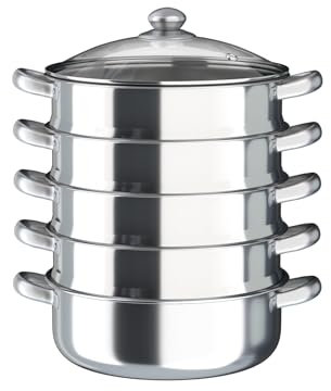Vapore a vapore con 5 ripiani, 30 cm, 5 animali, in acciaio inox con coperchio in vetro, pentola a vapore per piano cottura a induzione, argento