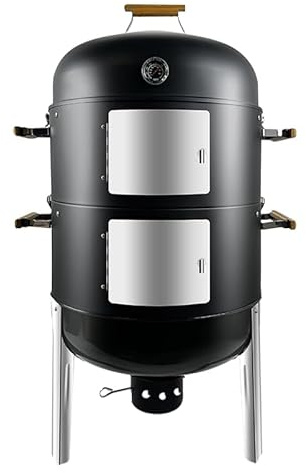 Joyagrill Smoker BBQ XXL L67 x 52 x 104H cm Thermometer, Belüftungsöffnung, 2-stöckiger Fleischräucherofen mit 5 Holzgriffen und Rippenhalter mit 4 Haken für Partys, Garten-BBQ, Camping-Grillen