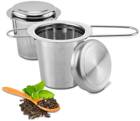 dellyy Infuseur à Thé pour Thé en Vrac, 2 Pièces Filtres à Thé en Acier Inoxydable 304, Passoire à Thé pour Théière et Tasse, Infuseur à Thé en Acier Inoxydable avec Poignée Pliable et Couvercle