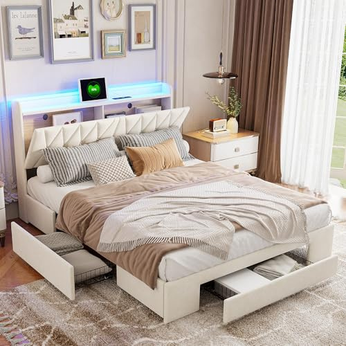 UnboxGermany Lit 140x200 avec Sommier, Lit Double rembourré avec LED et USB, sommier à Lattes et 3 Tiroirs, lit 2 Personnes, Velours, Beige