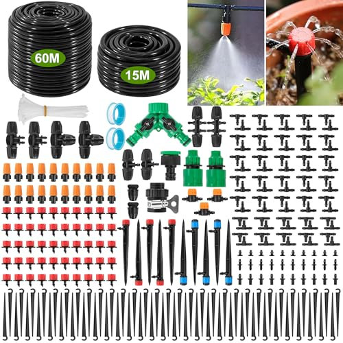 Yesaler BewässerungsSystem Garten Bewässerung Kit 60M+15M Bewässerungsrohre für Landschaft Flower Bed Terrasse Pflanzen Gewächshaus 312 Stück