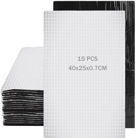 DAJAVE 15 pezzi di Pannelli Isolanti Tagliati 40x25x0,7cm Isolante Termico Alto, Acustico Foglio AlluminioInsonorizzazione AutoKit Isolante Termico Alta Temperatura, Insonorizzazione Auto