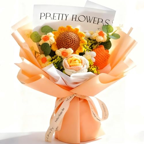Kiswleon Crochet flowers,Knitted Flowers,Handmade Crochet Flower Bouquet,Hand-Woven Artificial Tulips Sunflowers for Wedding Gifts Mothers Day Anniversary Graduation(Yellow-Sunflower)