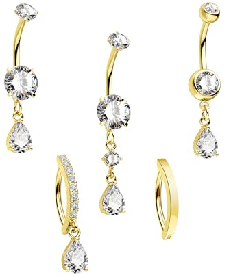 CM Crareesi Mania Belly Button Bars Ring 5PCS Gold Belly Bar 14G Belly Button Piercing Jewellery Surgical Steel Dangly Navel Piercing Jewelry Reverse Curved Belly Bars