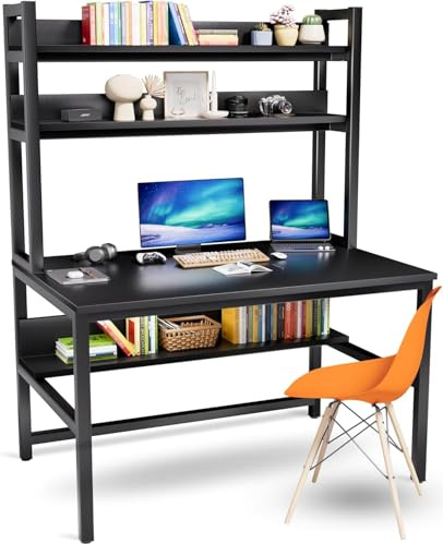 Aquzee Scrivania con Libreria, Scrivania Nera 120 cm con Scaffali, Moderna Tavolo Porta PC con Ripiani E Mensole con Spazio di Archiviazione Adatto per l'Ufficio Domestico