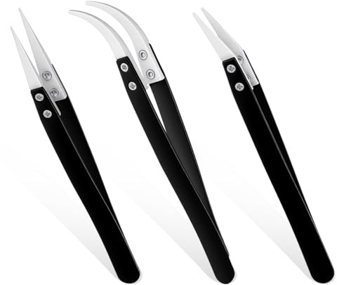 3 stycken pincettset, keramiska pincetter, icke-ledande, värmebeständig, antimagnetisk, elektronisk lödpincett, spets böjda spetsar för spolar, smycken, klockreparation, svart
