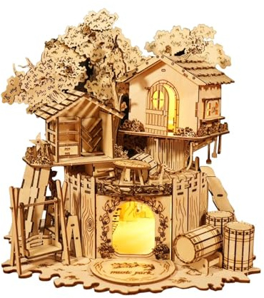 MUSIC PARK 3D Wooden Puzzles Miniature Treehouse for Adults with Spark Night Lights Model Kits Room Home Decor DIY for Women