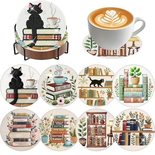 Bafutayawa Diamond Painting Coasters, sottobicchieri per pittura a diamante, set di sottobicchieri fai-da-te 5D con supporto, tappi in sughero per principianti e adulti, articoli da craft