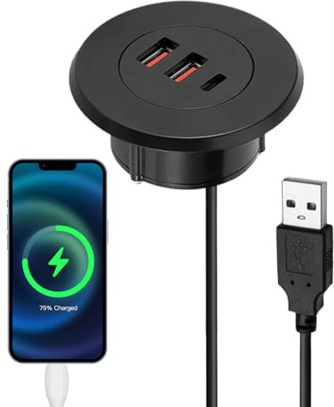 Caricatore con occhiello da scrivania da incasso - Presa di corrente USB con montaggio a incasso 5 V 2.1a, organizer passacavi integrato | Porta di ricarica per mobili per area di lavoro da tavolo da