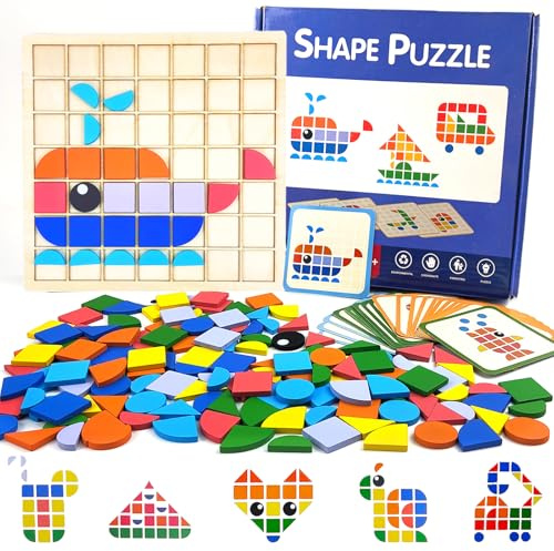 Guopai 140 Teile Montessori Spielzeug ab 3 Jahre, Holz Mosaik Steckspiel & Tangram Kinder, Hölzerne Muster Blöcke Puzzle, Geometrische Formen Lernspielzeug Geschenk für Jungen & Mädchen