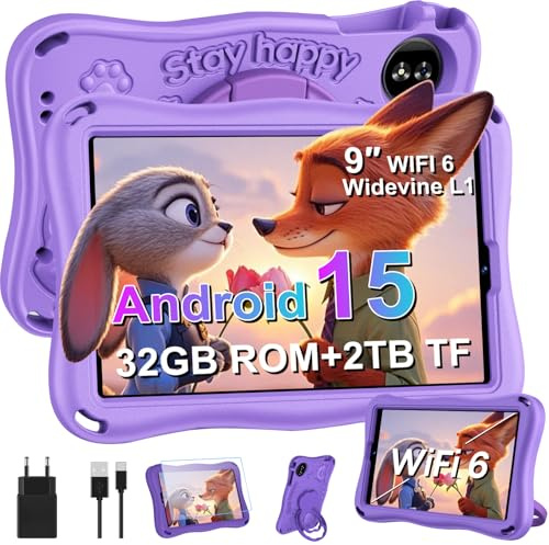 SUAAT 2026 Tableta para niños de 9 Pulgadas con Android 15, 12 GB RAM + 1 TB TF, WiFi 5G, Octa-Core, Widevine L1, Control Parental, 5000 mAh, 1340 * 800, Compatible con BT 5.0, Eva - Purple