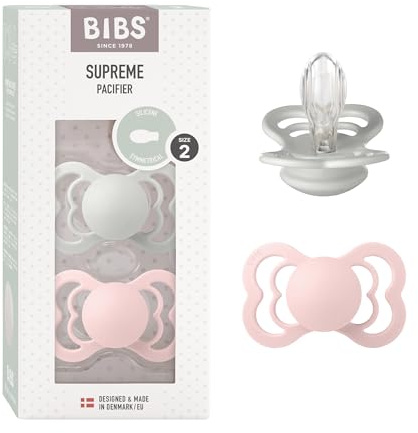 BIBS Supreme Dummies 2-Pack, BPA Free Dummy Pacifier, Silicone Symmetrical Nipple Soother, Size 2 (6-18 Months), Haze/Blossom