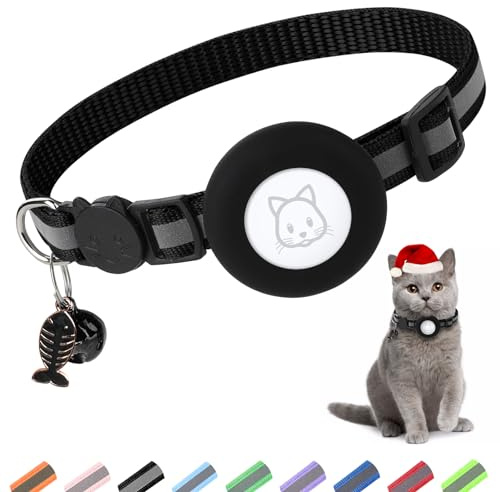 Airtag Cat Collar, Air tag Cat Collar with Bell and Safety Buckle in 3/8 Width, Reflective Collar with Waterproof Airtag Holder Compatible with Apple Airtag for Cat Dog Kitten Puppy (Black)