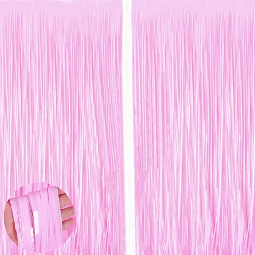 2pcs 3.2ft x 6.5ft Macaron Pink Foil Curtain Decoration Tinsel Foil Fringe Curtains Streamer Backdrop for Birthday Graduation Wedding Engagement Bridal Shower Christmas,Engagement Prom Decoration