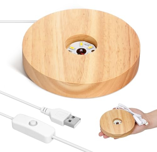 DOITOOL - Base LED de madera de 12 x 12 x 2 cm, base de luz LED redonda con diseño de carga USB, soporte de bola de cristal para decoración de cristal y resina