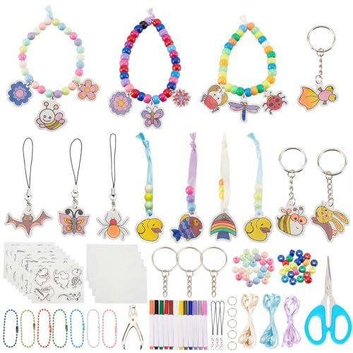 WEBEEDY Schrumpffolie zum Basteln Tier-Schrumpfpapier-Schlüsselanhänger-Kit, 48 Sets Zum Selbermachen von Schlüsselanhängern Und Armbändern Mit Bienen, Hunden, Schmetterlingen Und Weiteren Motiven