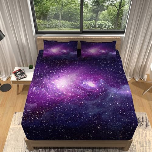 Spannbettlaken Set 180x200cm Sternenhimmel und Galaxie Muster Spannbetttuch Weiche Atmungsaktiv Microfaser mit 2 Kissenbezug, Lila Spannbetttücher für bis 25-30 cm Matraze