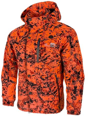Full mundur Outdoorjacke, Orange Camo Jagdjacke, Wanderjacke, leichte Übergangsjacke, winddichte Jacke, wasserdichte Regenjacke, atmungsaktive Funktionsjacke mit abnehmbarer Kapuze für Herren