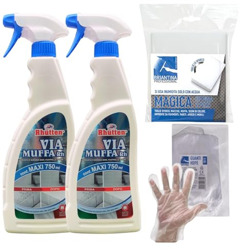 SET PULIZIA: Detergente Spray VIA MUFFA Rh. Sbianca Le Macchie Nere Di e Igienizza Muri, Piastrelle, Fughe, 750ml + 1 Confezione Spugna Magica + 100pz Guanti HDPE Monouso (2 Flaconi + Spugna + Guanti)