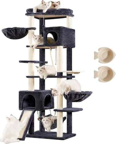 Hey-brother Arbre à chat d'intérieur de 180 cm, avec 2 niches, 2 paniers pour chat, hamac, gamelle et griffoir en sisal, arbre à chat à plusieurs étages, gris fumé EMPJ036G