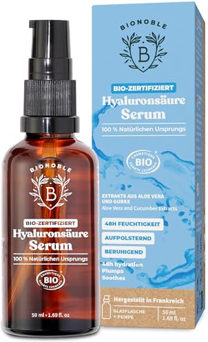 BIONOBLE Serum Facial Acido Hialuronico Orgánico - Antiarrugas, Hidratante y Antiedad con Aloe Vera - Piel, Cara y Contorno de Ojos - Frasco de Vidrio con Bomba - Serum Acido Hialuronico - 50ml