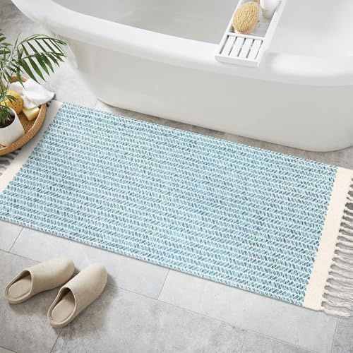 JaeMoose Boho Teppich, Baumwolle Gewebte Teppiche, mit Quasten, waschbarer schwarz-weißer Bauernhaus-Überwurfteppich, kurzfloriger Teppich (Blau, 60 x 130 cm)