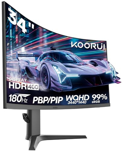 KOORUI 34 Zoll Curved Gaming Monitor,180Hz PC Bildschirm,VA HDR 400,21:9 UltraWide QHD(3440x1440),Adaptive Sync,Pip/PBP-Modus