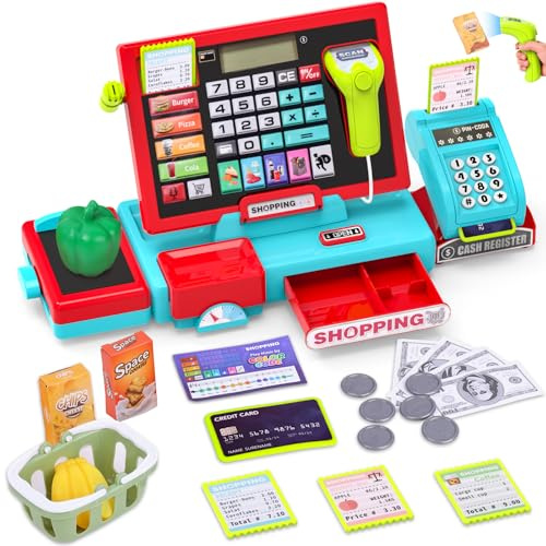Registratore di cassa Giocattolo Teoryieer, Blu Bambini Registratore con Scanner/Soldi Finti/Pos/Carte di Credito/Giochi Alimentari e Calcolatrici Reali, Ragazze Ragazzi 2 3 4 Anni