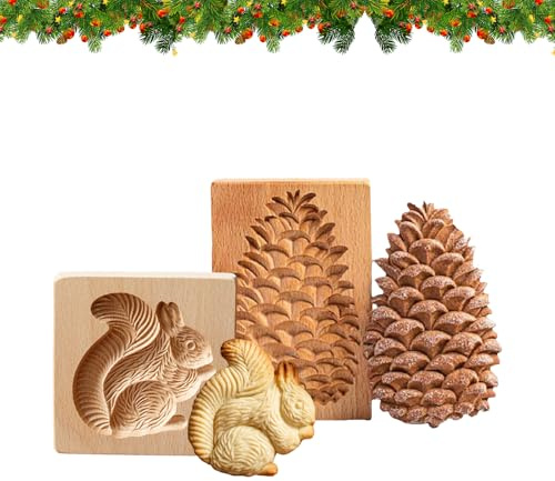 Squirrel,Pine Cone Shape Wooden Cookie Cutter Embossing Mold,3D Carved Wooden Cookie Mold,Mooncakes,Biscuit Press Stamp Molds for Baking Moulds Christmas Thanksgiving Halloween Kitchen DIY (2 PCS)