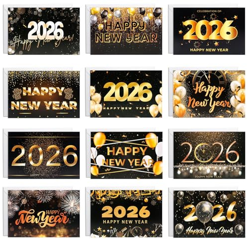 Konsait 24 Pack Happy New Year Greeting Cards with Envelopes and Stickers, 2026 New Year's Cards for Family, Colleagues and Friends, 12 Designs