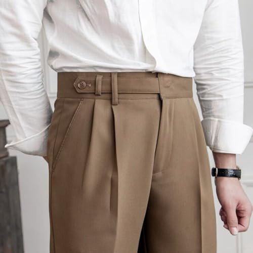 Pantalones Nápoles de cintura alta para hombre, estilo italiano, pantalones rectos para negocios, casual y uso diario (34 marrón)