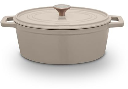 Barbary & Oak Nattura 29cm/4.3L Oval Cast Iron Casserole/Dutch Oven/Cooking Pot with Durable Enamel Interior, Self Basting Lid, Induction Compatible, Cashmere, BO800323CSH