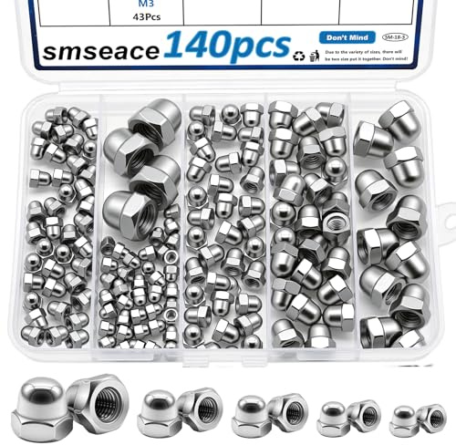 smseace 140Pcs 304 Stainless Steel Acorn Nuts Assortment Kit 6-Sizes M3/M4/M5/M6/M8/M10 Bolt Covers Caps for Protection, Indoor and Outdoor Cap Nuts