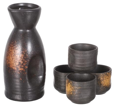 NUOBESTY Service à Saké en Céramique Japonaise 1 Grosse Bouteille Jaune Jade 4 Tasses à Saké Récipient à Vin Chauffant Ensemble de Boissons Chaudes pour Maison et Restaurant Authentiques