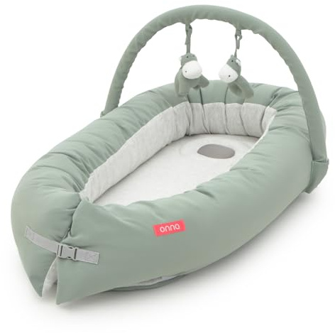 ONNA | Nido Aura para Bebés de 0 a 6 Meses | Con Arco de Juegos | Reposacabezas Transpirable Antiplagiocefalia | Evolutivo y Desmontable | Interior de algodón (Sage Green)