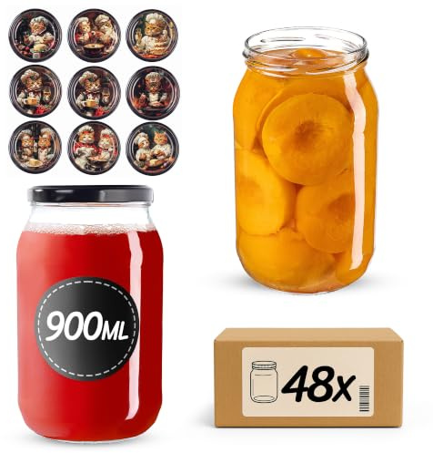 KADAX konserveringsburkar 900 ml TO82, stora fallburkar med skruvlock, konserveringsburkar fermenteringsglas för gurkor, grönsaker, surdeg (katter, 48 stycken)