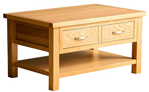 London Oak Large Coffee Table With Storage Drawer and Shelf | Lacquered Solid Wooden Modern Rectangular Living Room Furniture, H:45cm W:85cm D:55cm