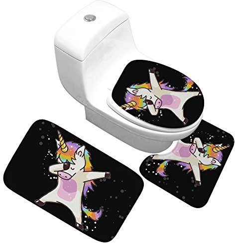 X-Life 3-Teiliges Badezimmer Teppich Set – Badematte 40x50cm, Badteppich 50x80cm und WC-Deckel-Bezug 35x45cm– Badematten Rutschfest & Waschbar mit Ausschnitt, aus Weicher Kunstfaser, Einhorn
