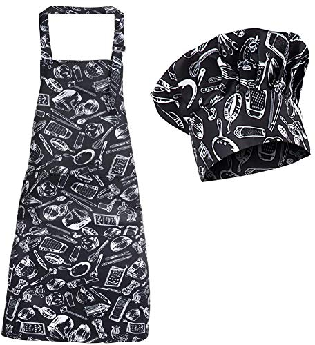 Morwealth 2 Stück kochschürze mit Kochmütze Küchenschürzen mit 2 Taschen verstellbare schürze für Küche,Backen,Basteln,Grtnern und Grillen