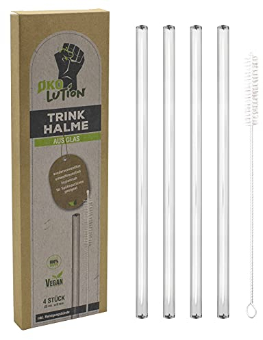Ökolution TRINKHALME aus Glas, 4 Stück, Länge 23 cm, wiederverwendbar und umweltfreundlich, mit praktischer Reinigungsbürste, Ø ca. 8 mm, nachhaltige FSC-Kartonverpackung, 466