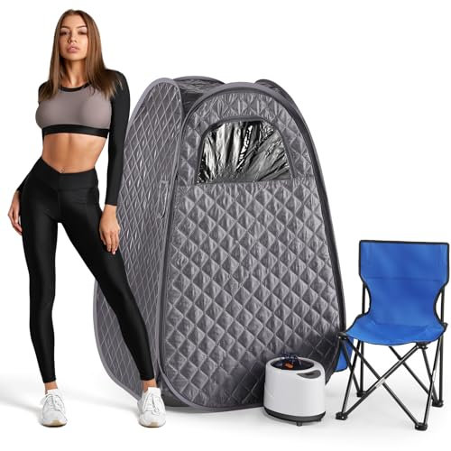 Steupoek Single Person Sauna, Portable Steam Sauna Full Body for Home Spa, Sauna Tent with Steamer 2.6L 1000W Steam Generator, 90 Minute Timer, Chair, Remote Control Included(Gary)