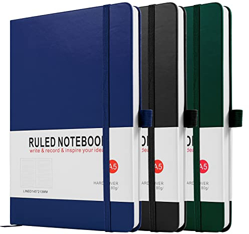 Notebook A5, 3 Pack Journal A5 Notebook 200 Pages 80 GSM Journal Notebook Hardback Notepad with Lined Pages, Pen Loop and Expandable Paper Pocket, Journal Notepad Note Book (Black, Blue, Green))